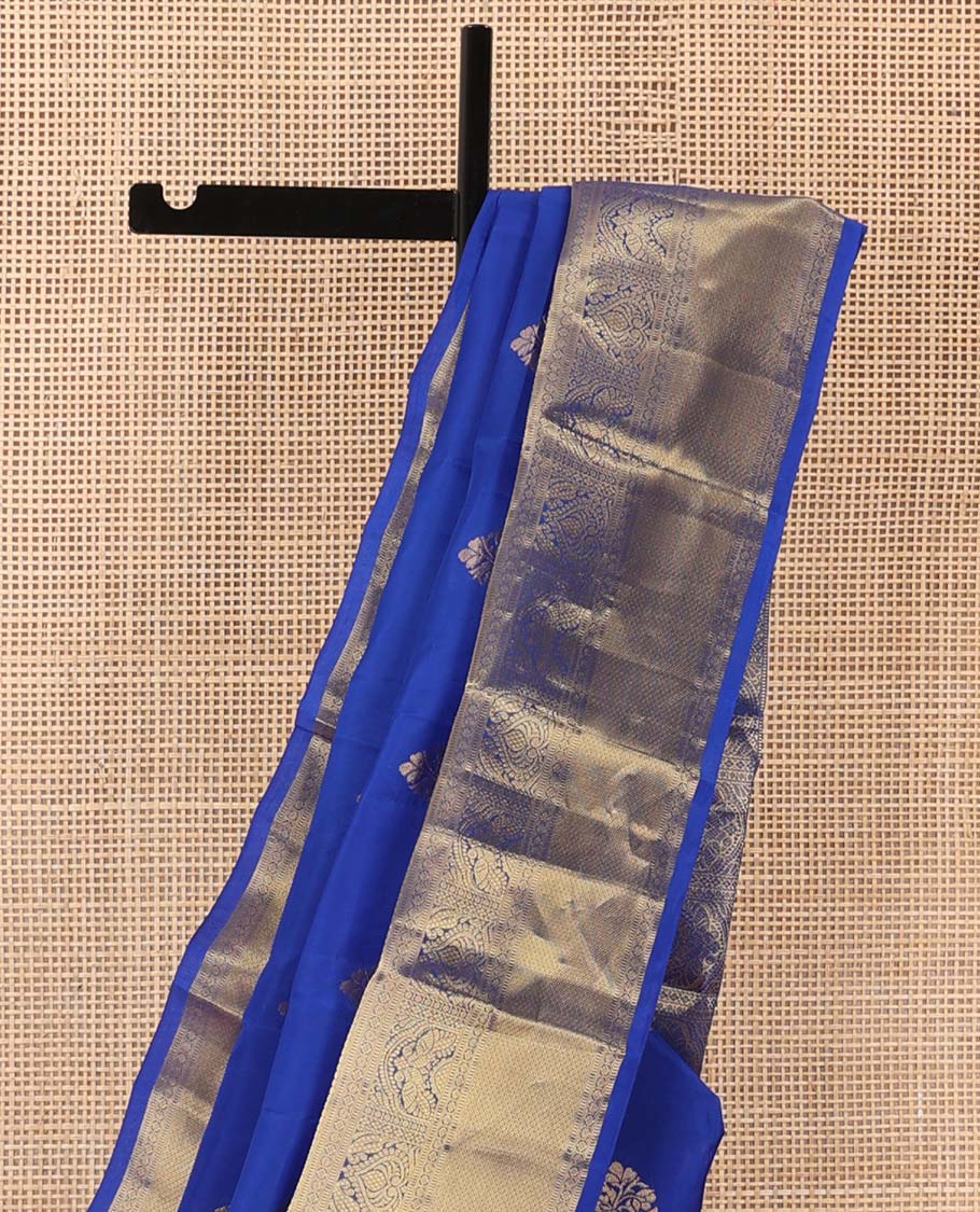 Blue zari buttas Vasundhara silk mix saree, zari border of thilakam, poun, rettai mayil, and mayil kann designs, and jaal pallu