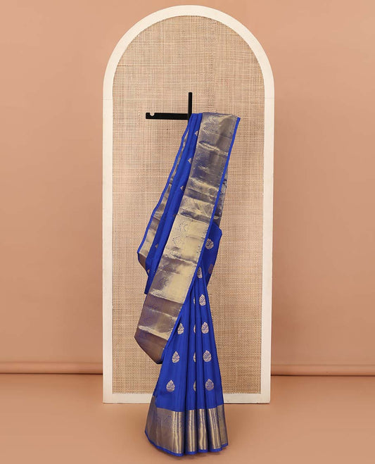 Blue zari buttas Vasundhara silk mix saree, zari border of thilakam, poun, rettai mayil, and mayil kann designs, and jaal pallu
