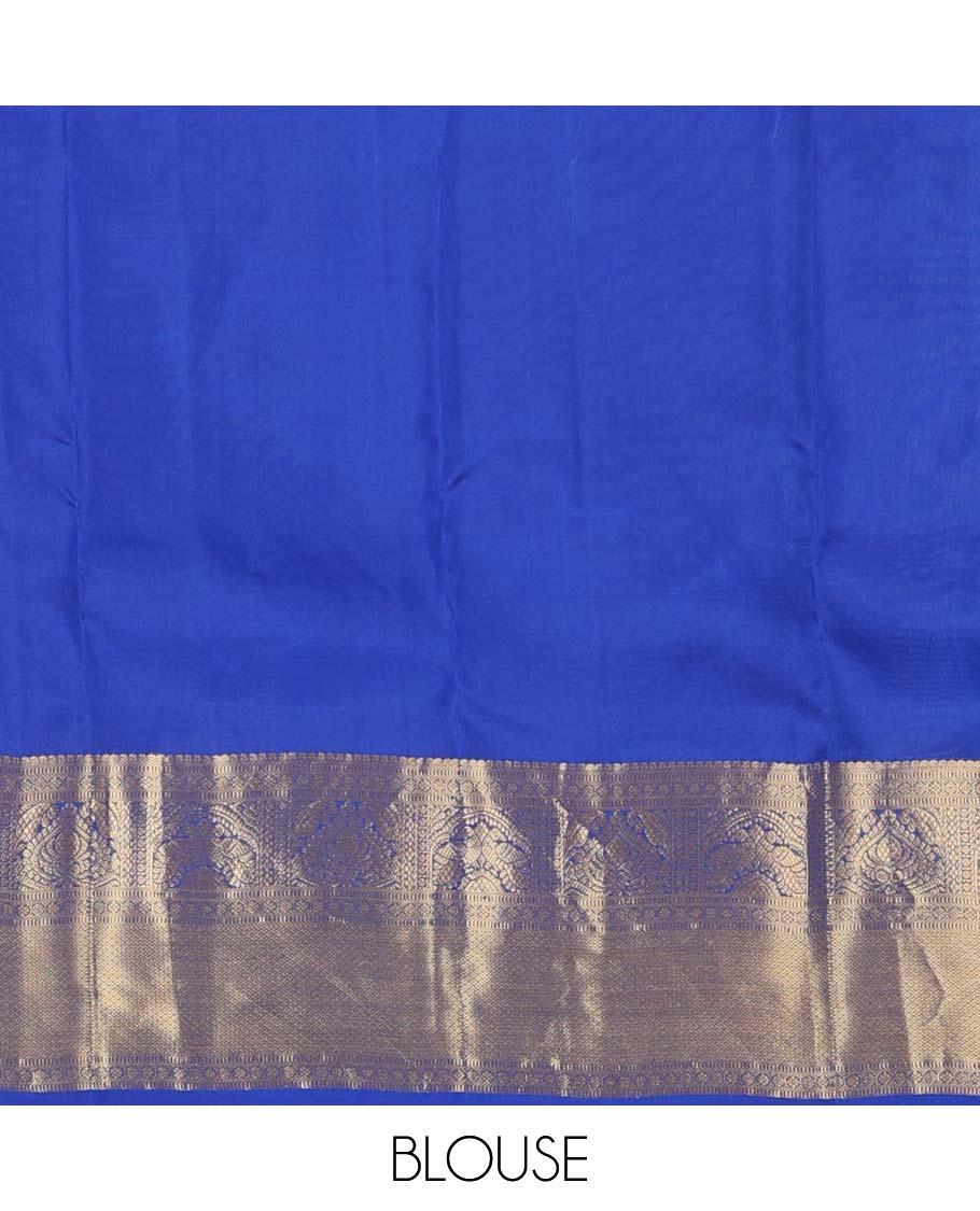 Blue zari buttas Vasundhara silk mix saree, zari border of thilakam, poun, rettai mayil, and mayil kann designs, and jaal pallu