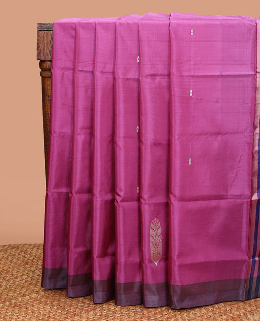 Pink Banana Pith Saree, Beautified with Unique Buttas All Over Its Body, Complemented by a Contrast Border, Vibrant Pallu Depicting Buttas, and Paired with a Contrast Blouse