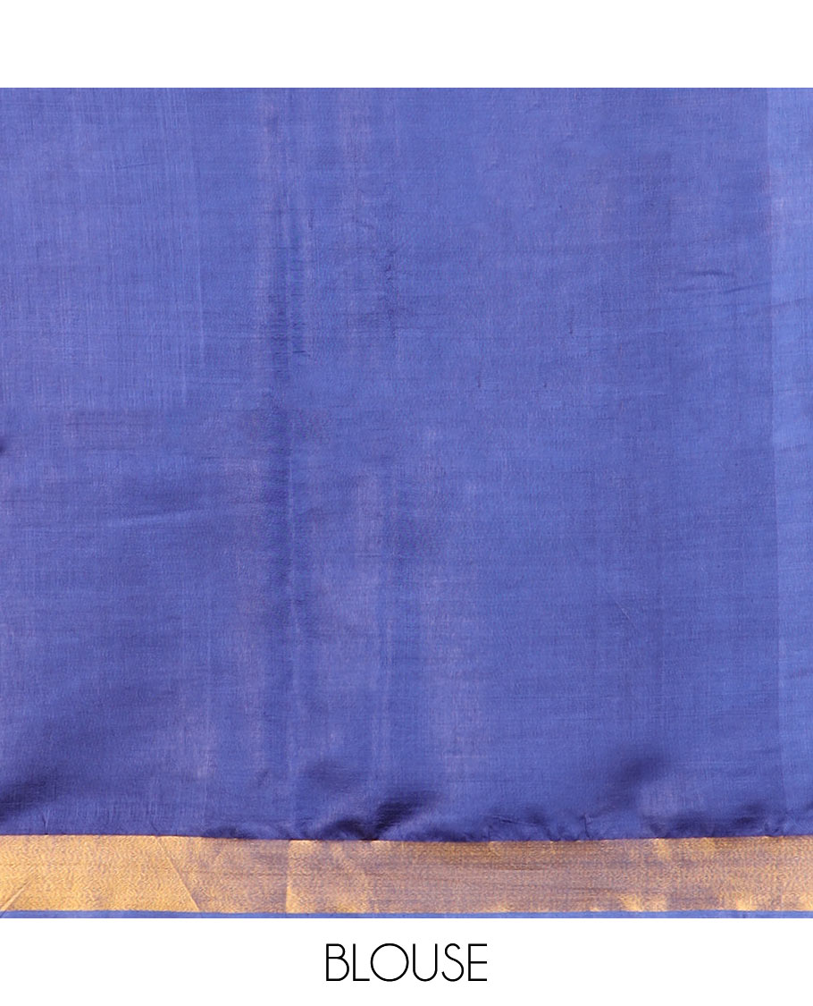 Navy blue buttas banana pith saree, bavanji zari border, and zari striped pallu