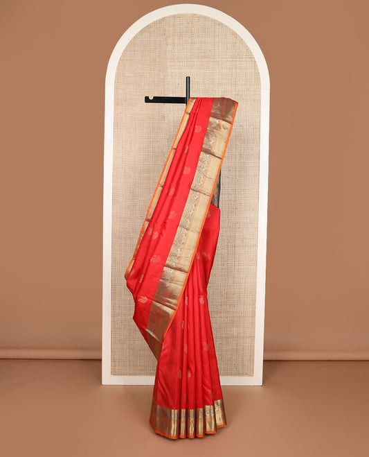 Orange mayil buttas silk saree, zari border of rekku,banaras,mayil & mayil kann & scallop design pallu