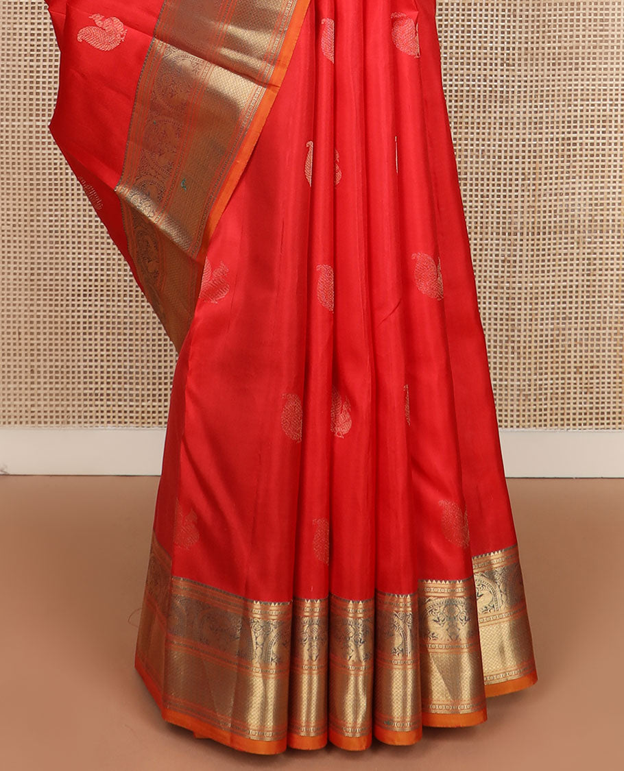 Orange mayil buttas silk saree, zari border of rekku,banaras,mayil & mayil kann & scallop design pallu