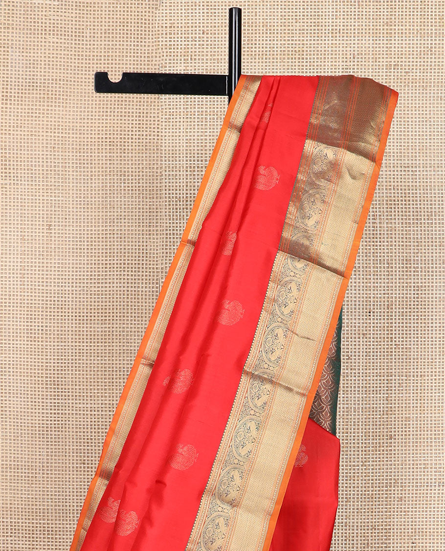 Orange mayil buttas silk saree, zari border of rekku,banaras,mayil & mayil kann & scallop design pallu