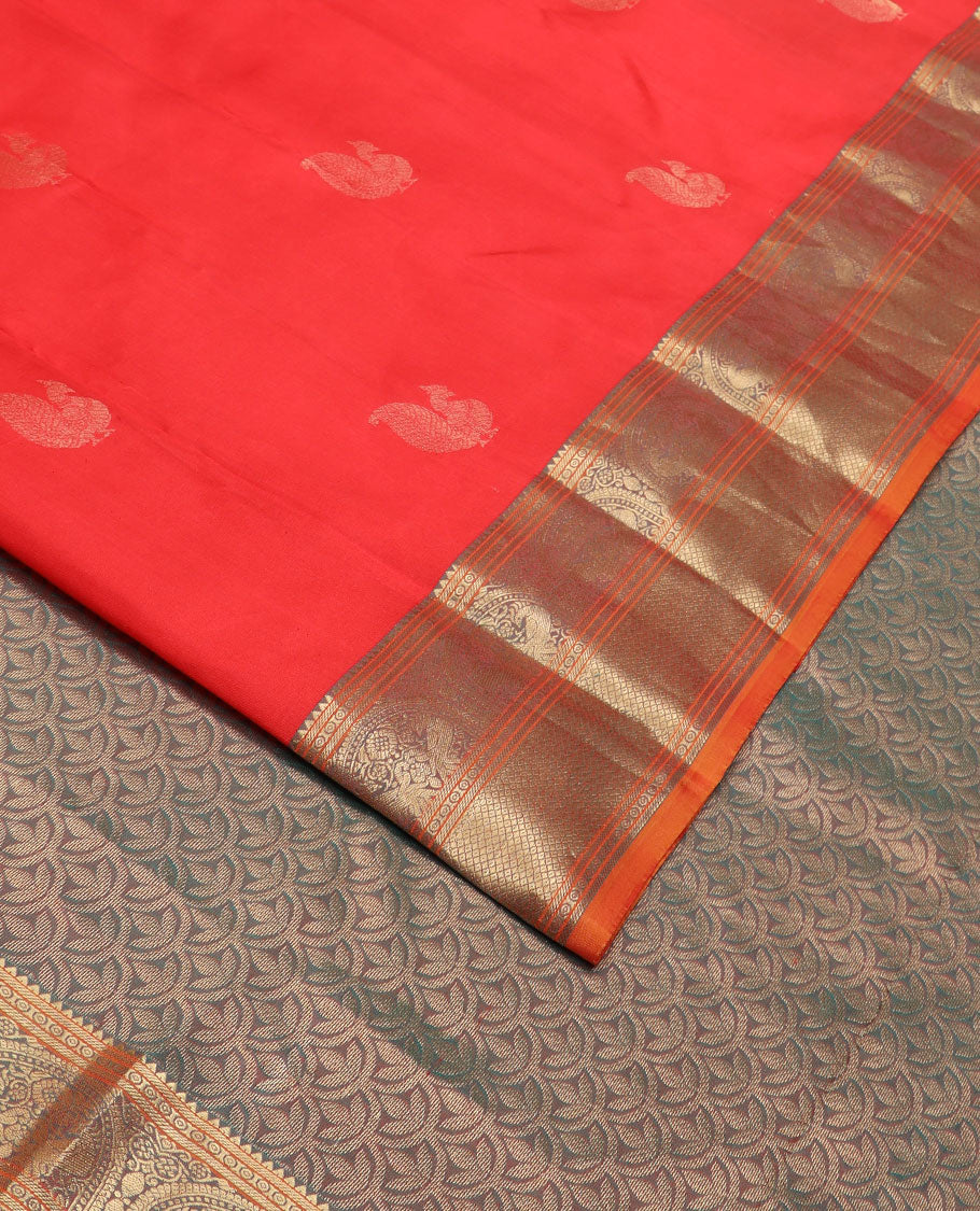 Orange mayil buttas silk saree, zari border of rekku,banaras,mayil & mayil kann & scallop design pallu