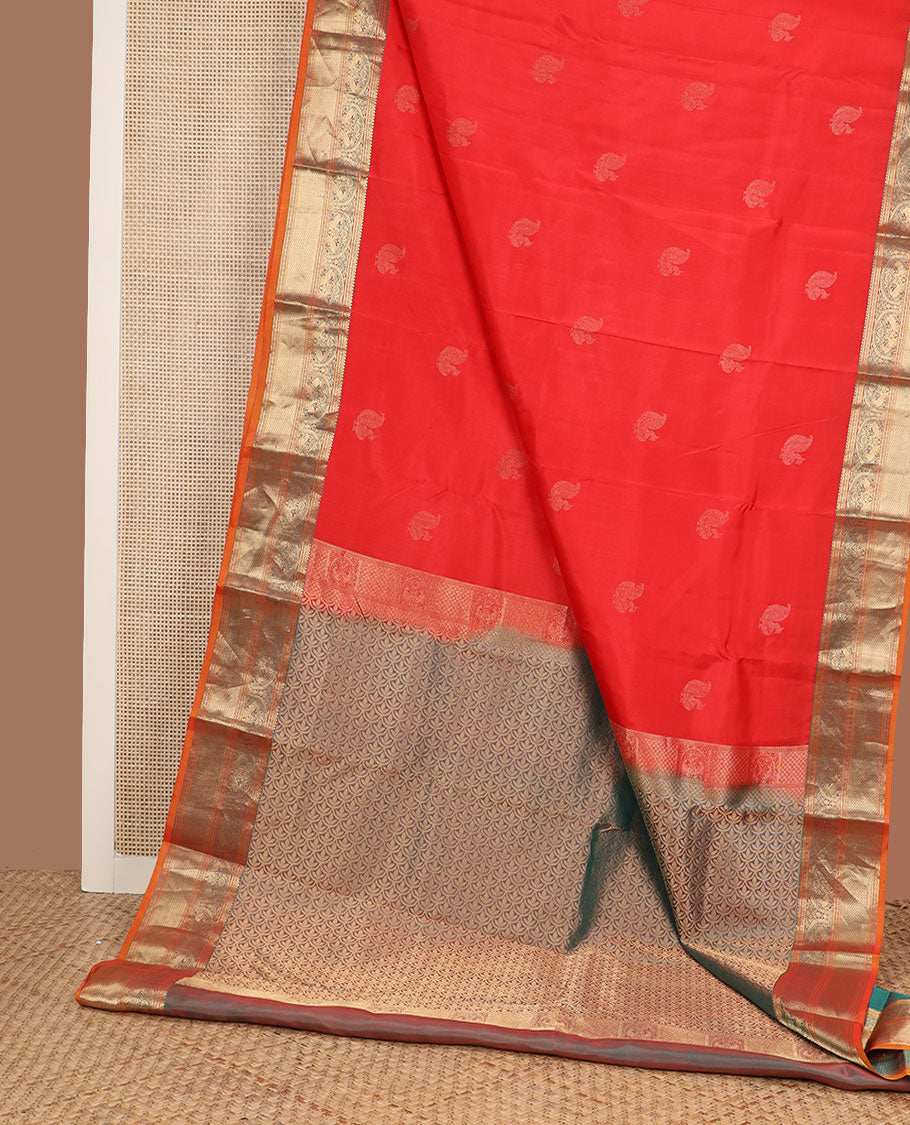 Orange mayil buttas silk saree, zari border of rekku,banaras,mayil & mayil kann & scallop design pallu