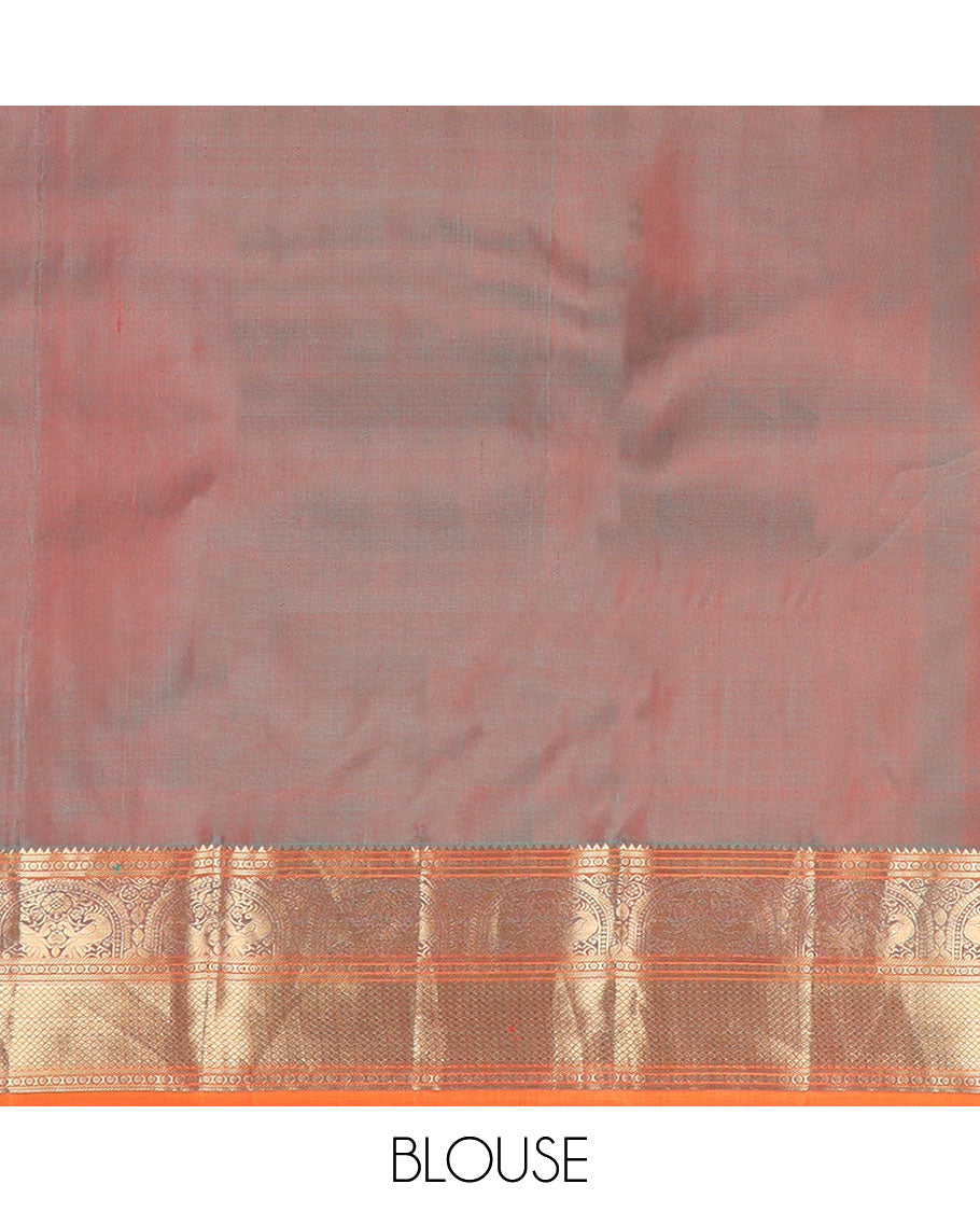 Orange mayil buttas silk saree, zari border of rekku,banaras,mayil & mayil kann & scallop design pallu