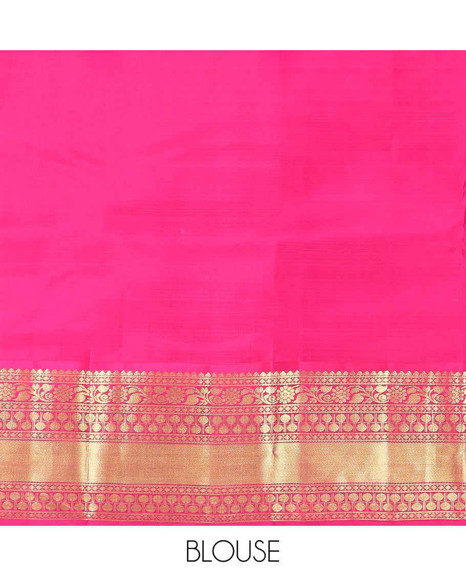 Navy Blue Vasundhara Silk Saree Adorned with Zari Buttas, Complemented by a Contrast Border of Thilakam, Diamond, Kodi Visiry, and Rudraksham Designs, Delicately Woven Pallu of Ara Maadam Designs, and a Contrast Blouse