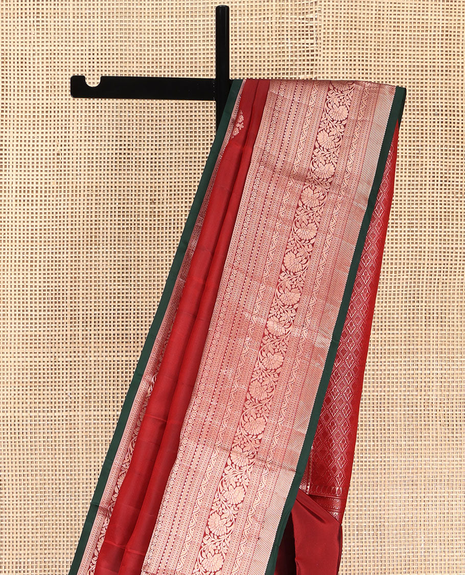 Red Vasundhara Lite Silk Mix Saree, Elevated with Zari Buttas on Its Body, Highlighted by a Zari Border of Rekku, Muthu, Diamond, Rettai Neli, and Kodi Visiry Designs, Grand Jaal-Design Pallu, and Paired with a Contrast Blouse