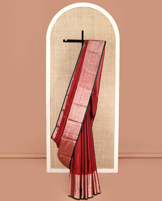 Red Vasundhara Lite Silk Mix Saree, Elevated with Zari Buttas on Its Body, Highlighted by a Zari Border of Rekku, Muthu, Diamond, Rettai Neli, and Kodi Visiry Designs, Grand Jaal-Design Pallu, and Paired with a Contrast Blouse