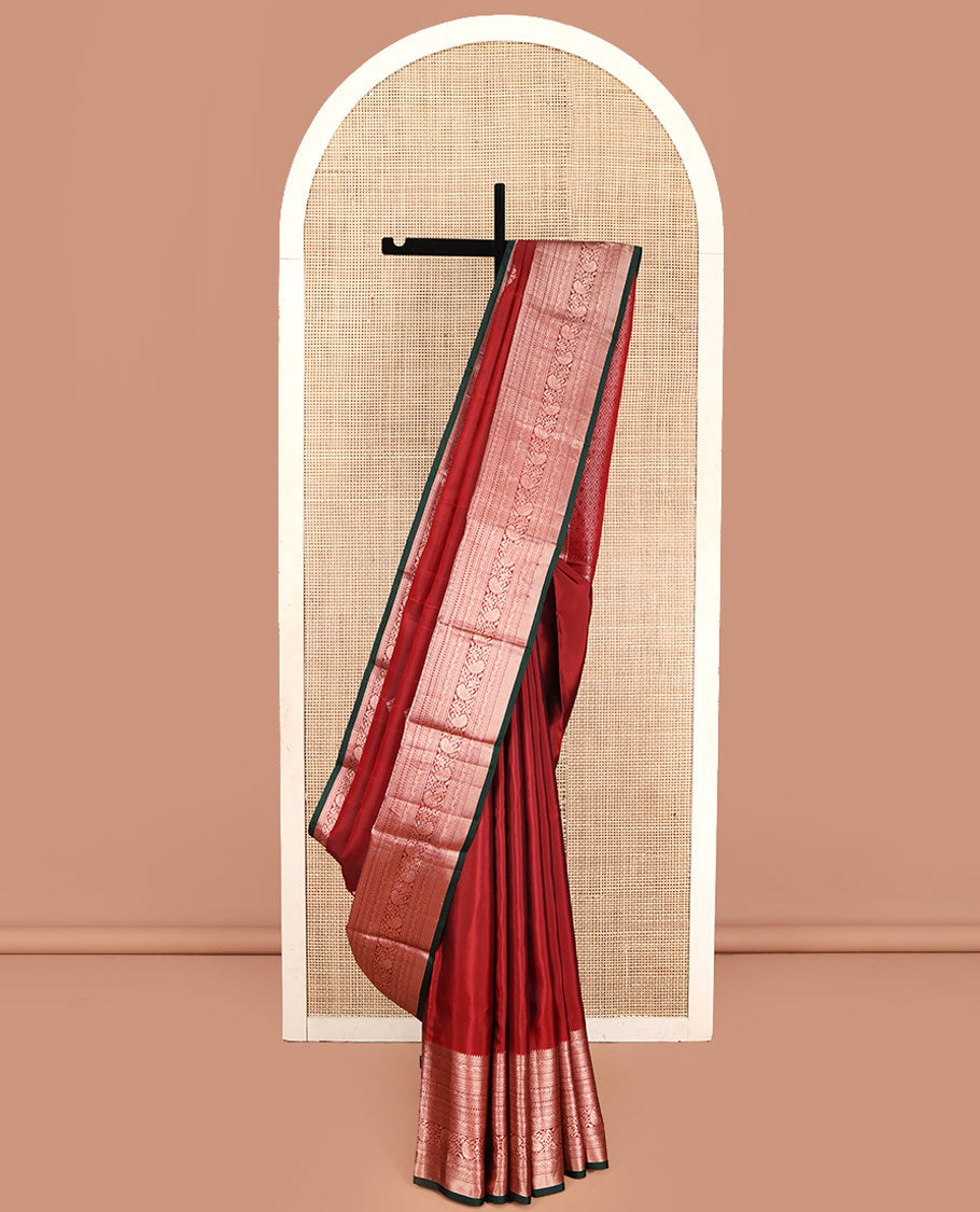 Red Vasundhara Lite Silk Mix Saree, Elevated with Zari Buttas on Its Body, Highlighted by a Zari Border of Rekku, Muthu, Diamond, Rettai Neli, and Kodi Visiry Designs, Grand Jaal-Design Pallu, and Paired with a Contrast Blouse