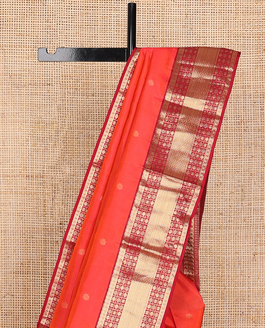 Red zari buttas silk saree, contrast jaal pallu & border of cross kamalam,puli nagam,poun,chakra & then kuli kann