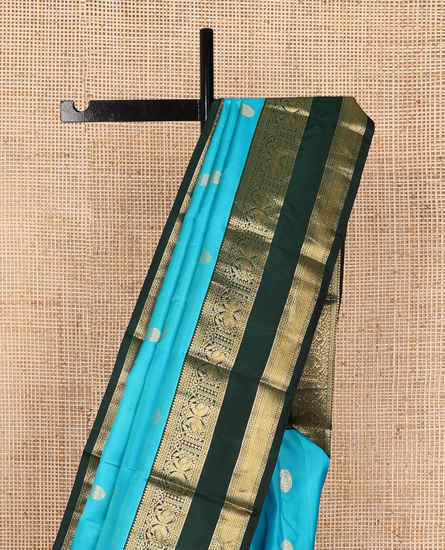 Blue manga buttas silk saree, contrast rettai pettu border of rekku,neli,mayil,banaras & mayil kann & jaal pallu
