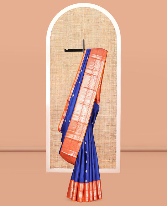 Blue Vasundhara Silk Saree Featuring Zari Buttas, Complemented by a Contrast Border of Vanki and Pichwai Cow Designs, Grand Pallu, and Contrast Blouse