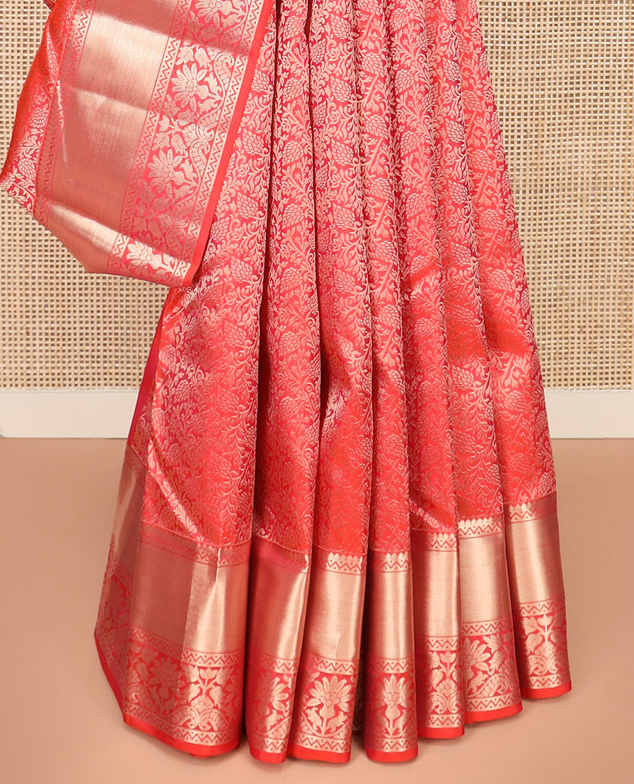 Red Kanchipuram Silk Saree Majestically Detailed with Floral Jacquard Design, Highlighted with Zari Border of Thilakam, Neli, and Floral Designs, Impeccably Designed Pallu of Floral-Geometric Designs, and Paired with a Matching Blouse