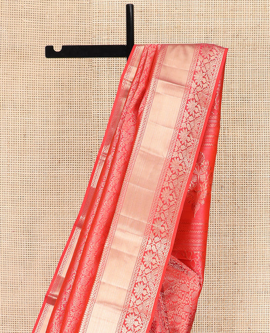 Red Kanchipuram Silk Saree Majestically Detailed with Floral Jacquard Design, Highlighted with Zari Border of Thilakam, Neli, and Floral Designs, Impeccably Designed Pallu of Floral-Geometric Designs, and Paired with a Matching Blouse