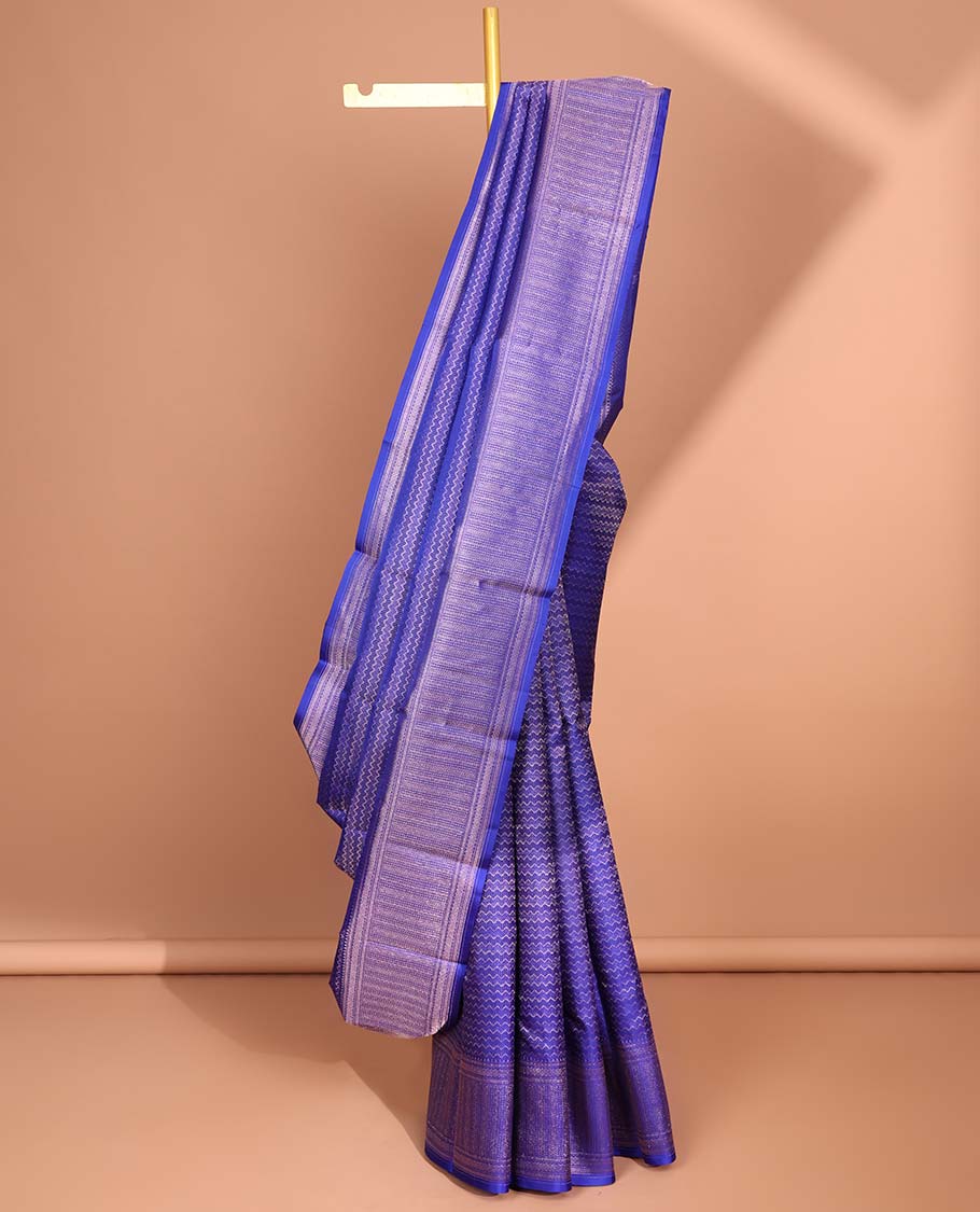 Purple  zig zag striped kancheepuram silk saree with seld striped zari border & geometric zari design pallu