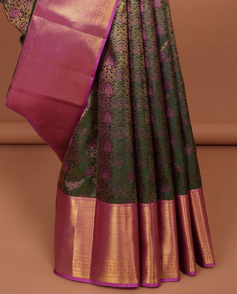 Green floral jacquard kancheepuram silk saree with contrast border of rekku, muthu, banaras design & zari design pallu