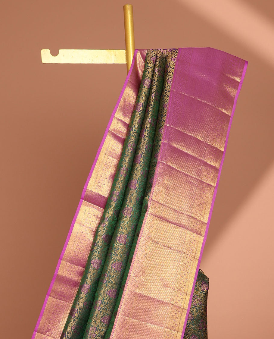 Green floral jacquard kancheepuram silk saree with contrast border of rekku, muthu, banaras design & zari design pallu