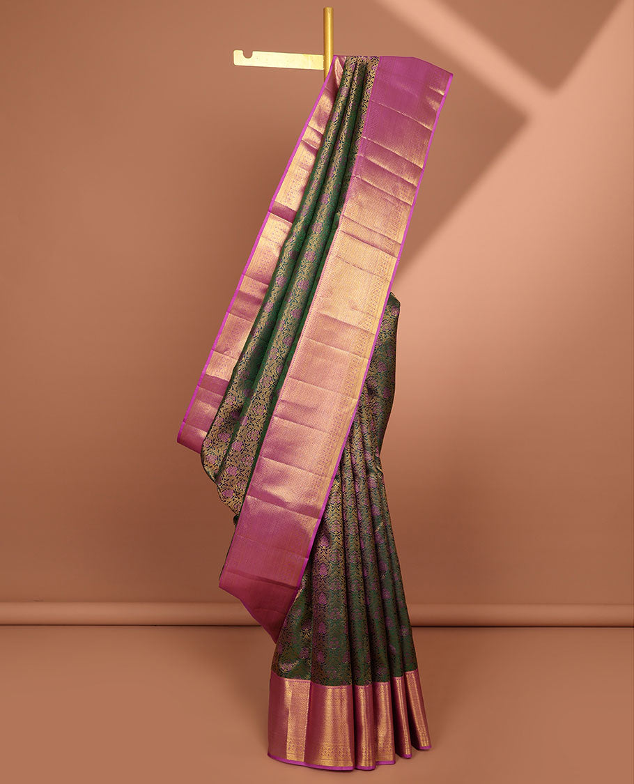 Green floral jacquard kancheepuram silk saree with contrast border of rekku, muthu, banaras design & zari design pallu