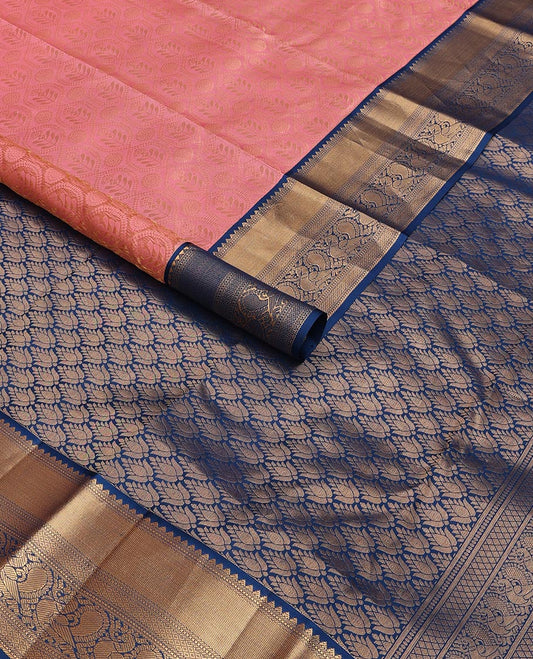 Pink jacquard kanchipuram wedding silk saree, contrast border of rekku, muthu, mayil kann & mayil motifs & pallu of intricate designs