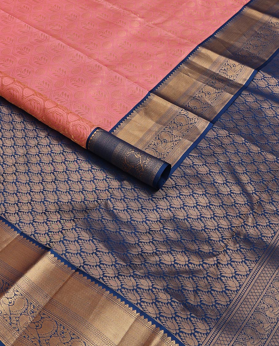 Pink jacquard kanchipuram wedding silk saree, contrast border of rekku, muthu, mayil kann & mayil motifs & pallu of intricate designs