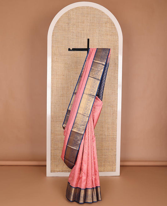 Pink jacquard kanchipuram wedding silk saree, contrast border of rekku, muthu, mayil kann & mayil motifs & pallu of intricate designs