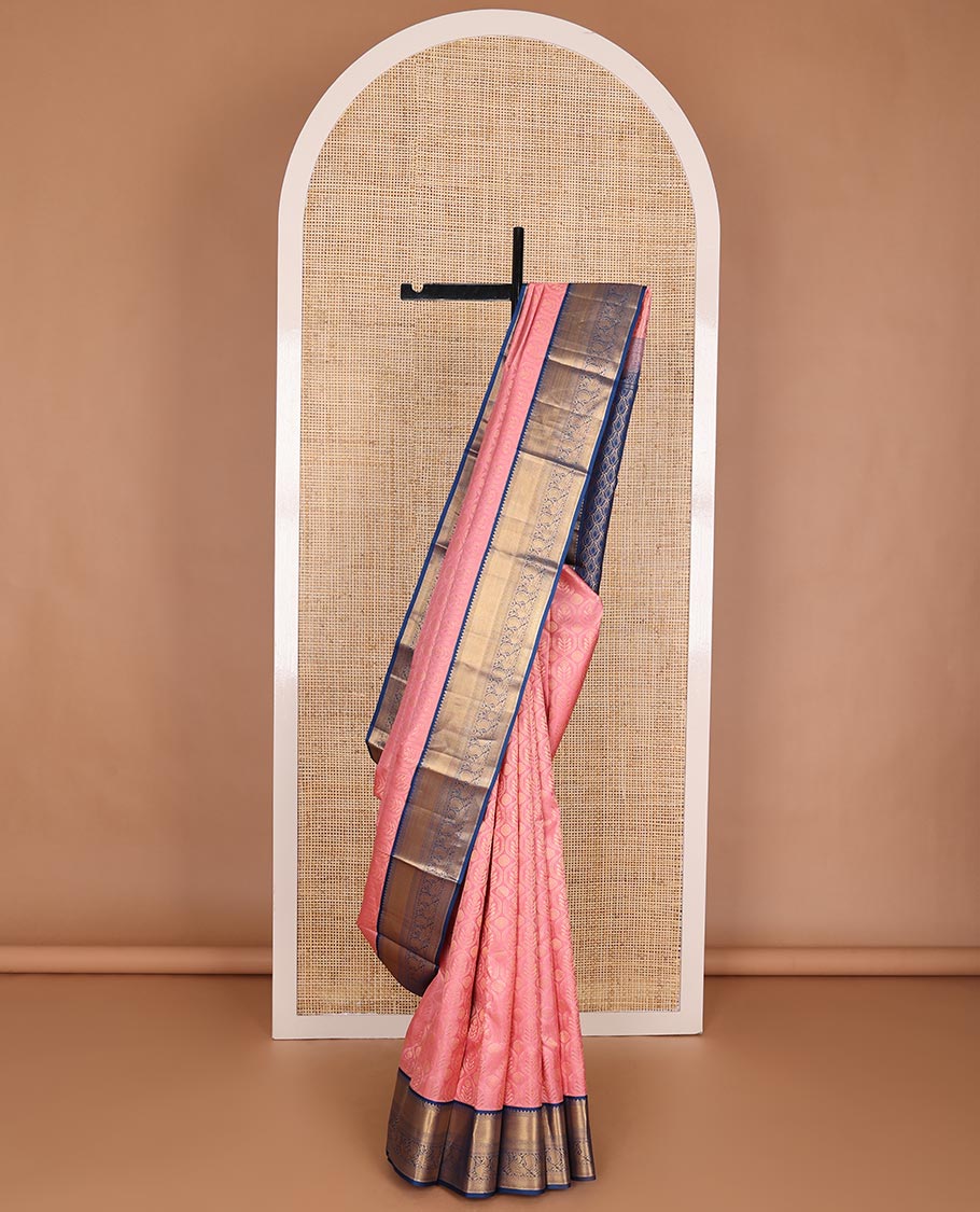 Pink jacquard kanchipuram wedding silk saree, contrast border of rekku, muthu, mayil kann & mayil motifs & pallu of intricate designs