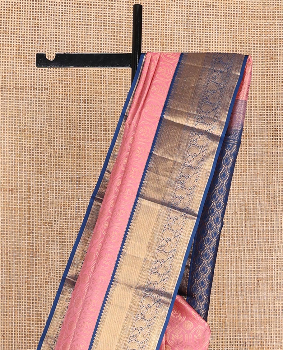 Pink jacquard kanchipuram wedding silk saree, contrast border of rekku, muthu, mayil kann & mayil motifs & pallu of intricate designs