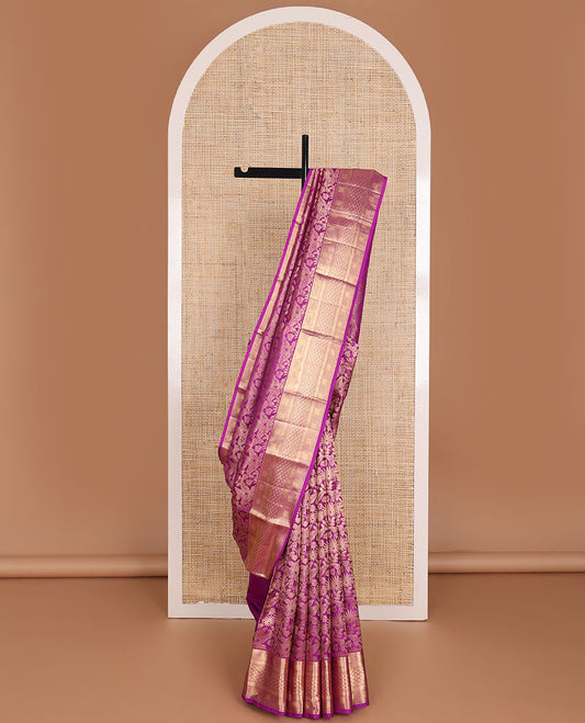 Rani pink jacquard wedding silk saree, zari border of geometric patterns & pallu of zari woven paisley designs