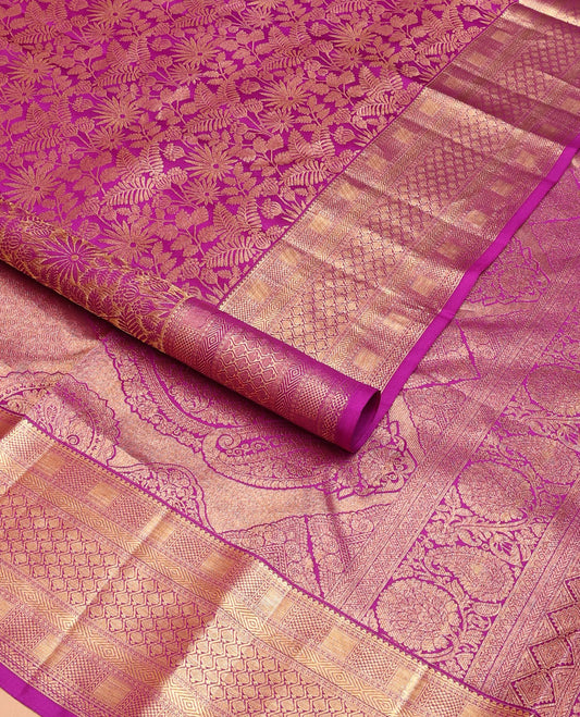Rani pink jacquard wedding silk saree, zari border of geometric patterns & pallu of zari woven paisley designs