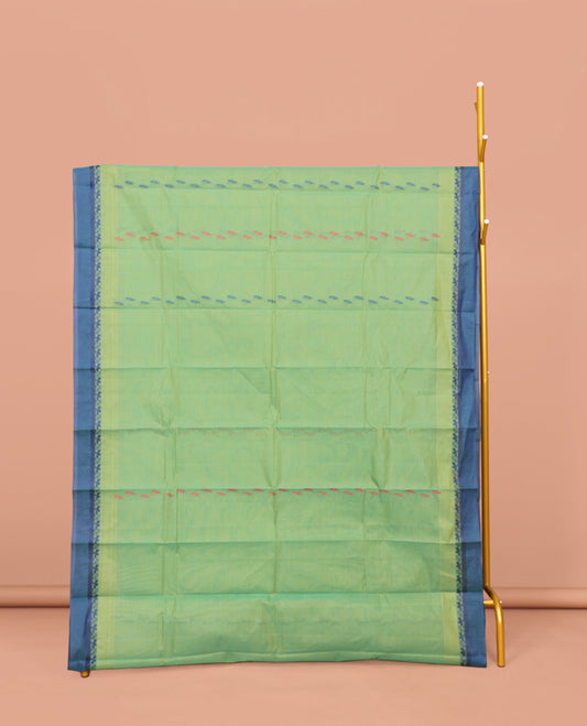 Blue Kanchi Cotton Saree, Elevated with Buttas on Its Body, Complemented by Contrast Border, a Pallu of Geometric-Paisley Designs, and Paired with a Matching Blouse