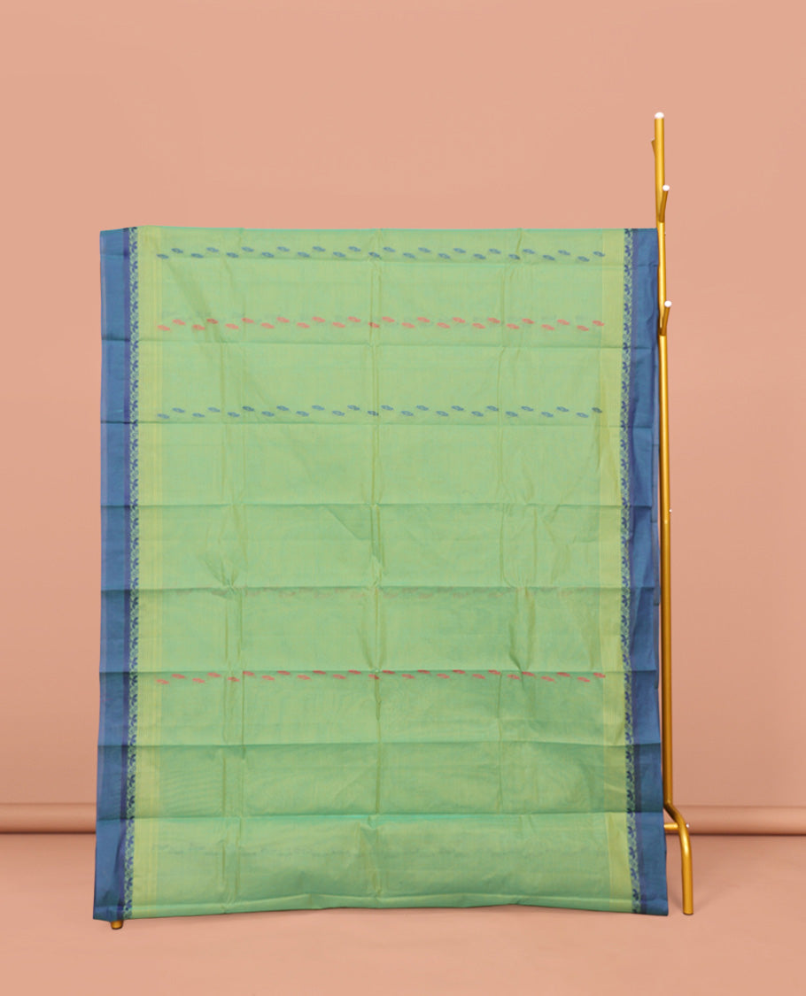Blue Kanchi Cotton Saree, Elevated with Buttas on Its Body, Complemented by Contrast Border, a Pallu of Geometric-Paisley Designs, and Paired with a Matching Blouse