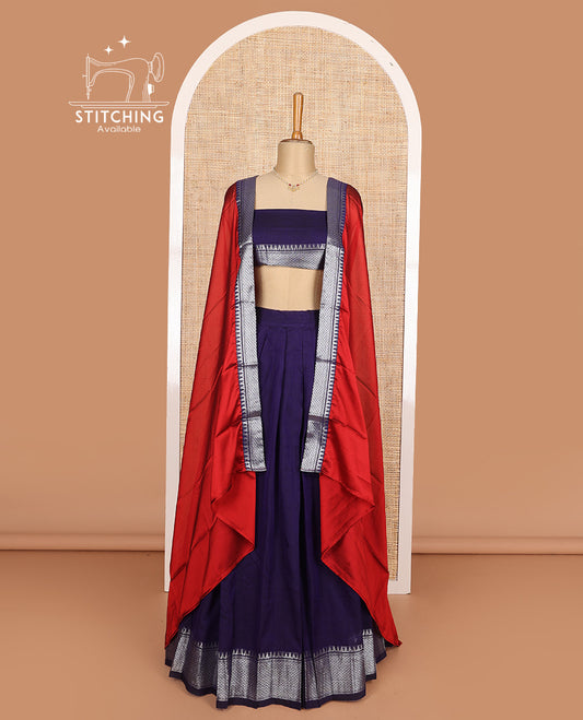 Ink blue cotton half-saree, plain with traditional zari bordered skirt, matching blouse, and contrast zari border dhavani