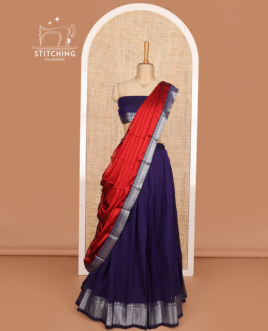 Ink blue cotton half-saree, plain with traditional zari bordered skirt, matching blouse, and contrast zari border dhavani