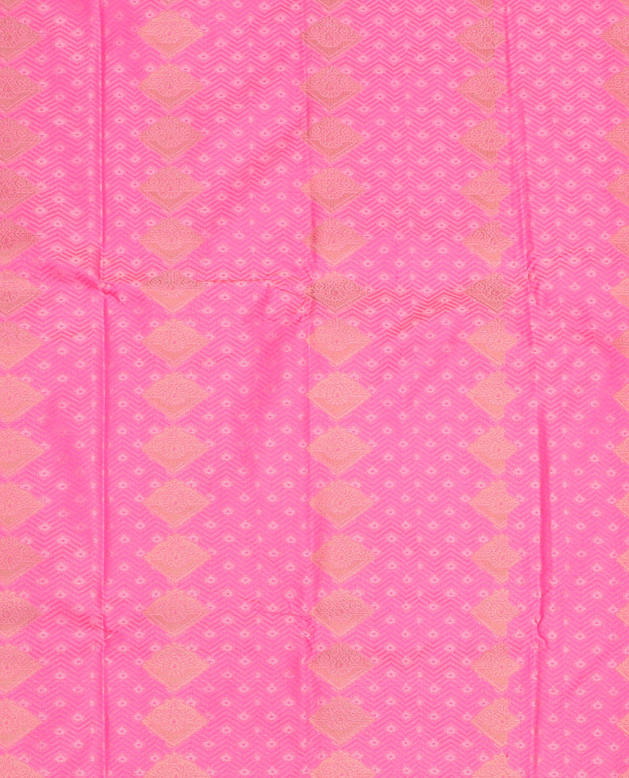 Pink art silk pavadai set, embossed, zari design with contrast traditional zari bordered skirt and a contrast zari design blouse