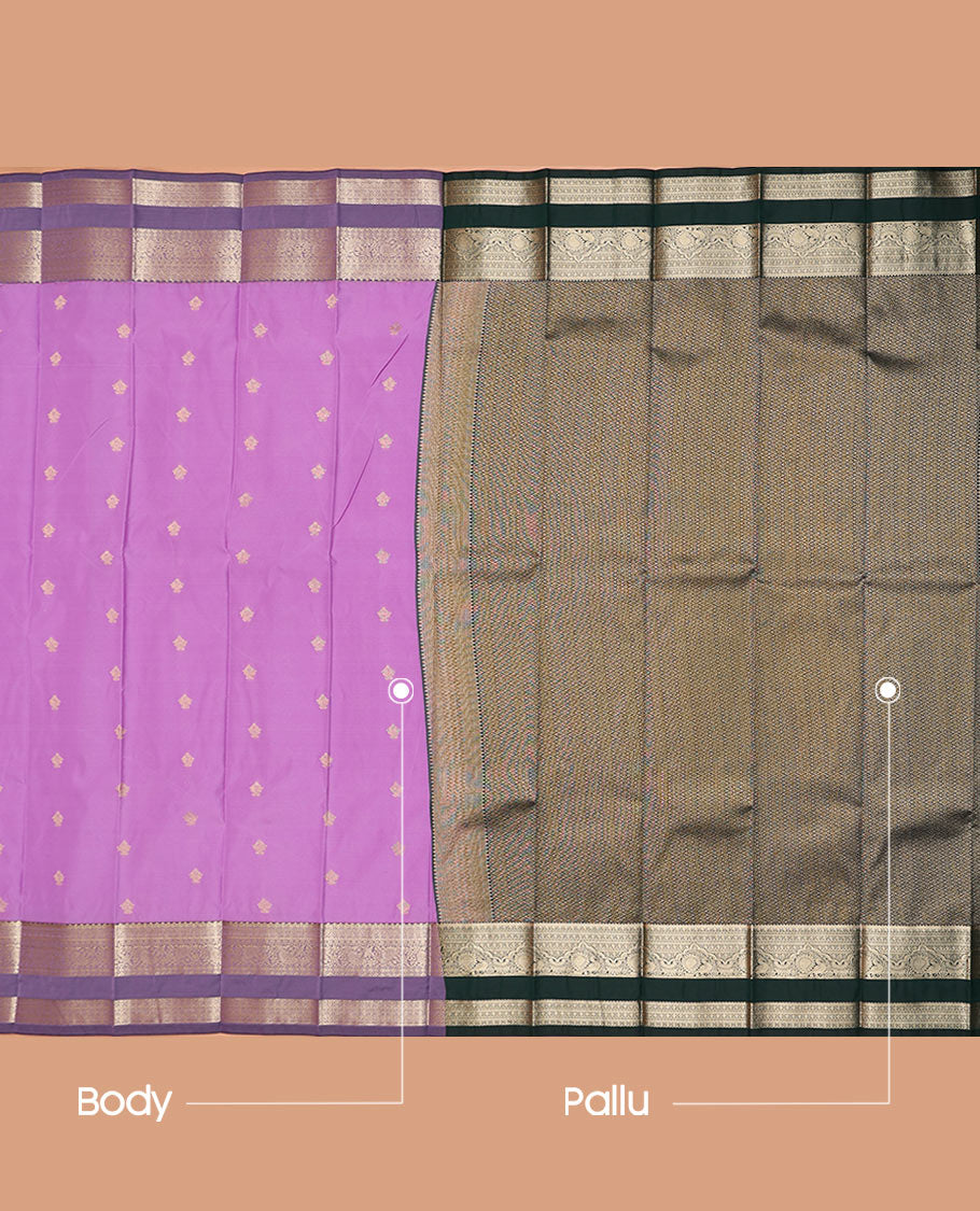 Pink Budget Silk Saree Ornamented with Zari Buttas, Featuring a Contrast Traditional Zari-Design Rettai Pettu Border, Jaal Pallu, and a Contrast Blouse