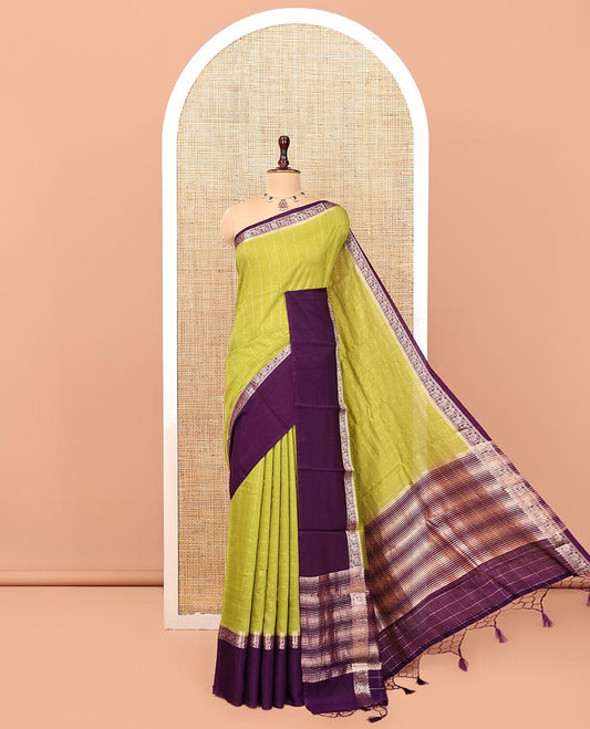 Green Assam Silk Saree, Subtly Sparkled with Checks, Complemented by a Contrast Bird Motifs Zari Border, Zari-Striped Pallu, and a Contrast Blouse