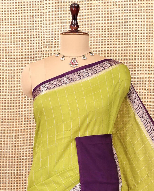 Green Assam Silk Saree, Subtly Sparkled with Checks, Complemented by a Contrast Bird Motifs Zari Border, Zari-Striped Pallu, and a Contrast Blouse