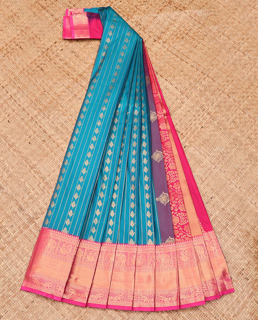 Blue Budget Silk Saree, Uniquely Woven with Zari Buttas and Stripes All Over Its Body, Complemented by Contrast Traditional Zari Designs Woven Border, Intricately Zari Decked Up Pallu and Paired with a Contrast Blouse