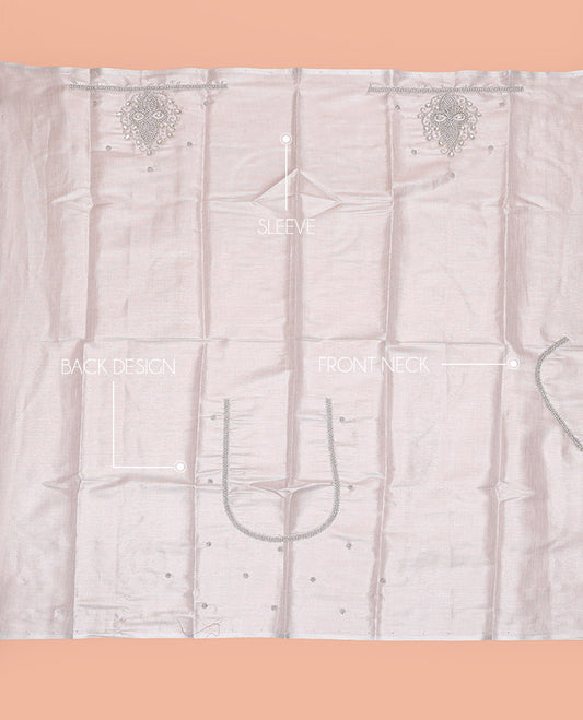 Pearl White Aari Blouse Material, Subtly Sparkled with Unique Pattern Sugar Bead Embroidery on Its Sleeves, and Subtle Sugar Bead Work on Its Back and Front Neck