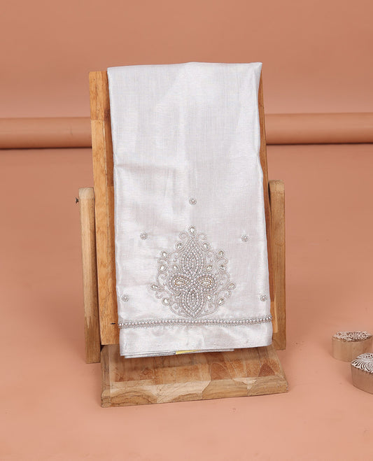 Pearl White Aari Blouse Material, Subtly Sparkled with Unique Pattern Sugar Bead Embroidery on Its Sleeves, and Subtle Sugar Bead Work on Its Back and Front Neck