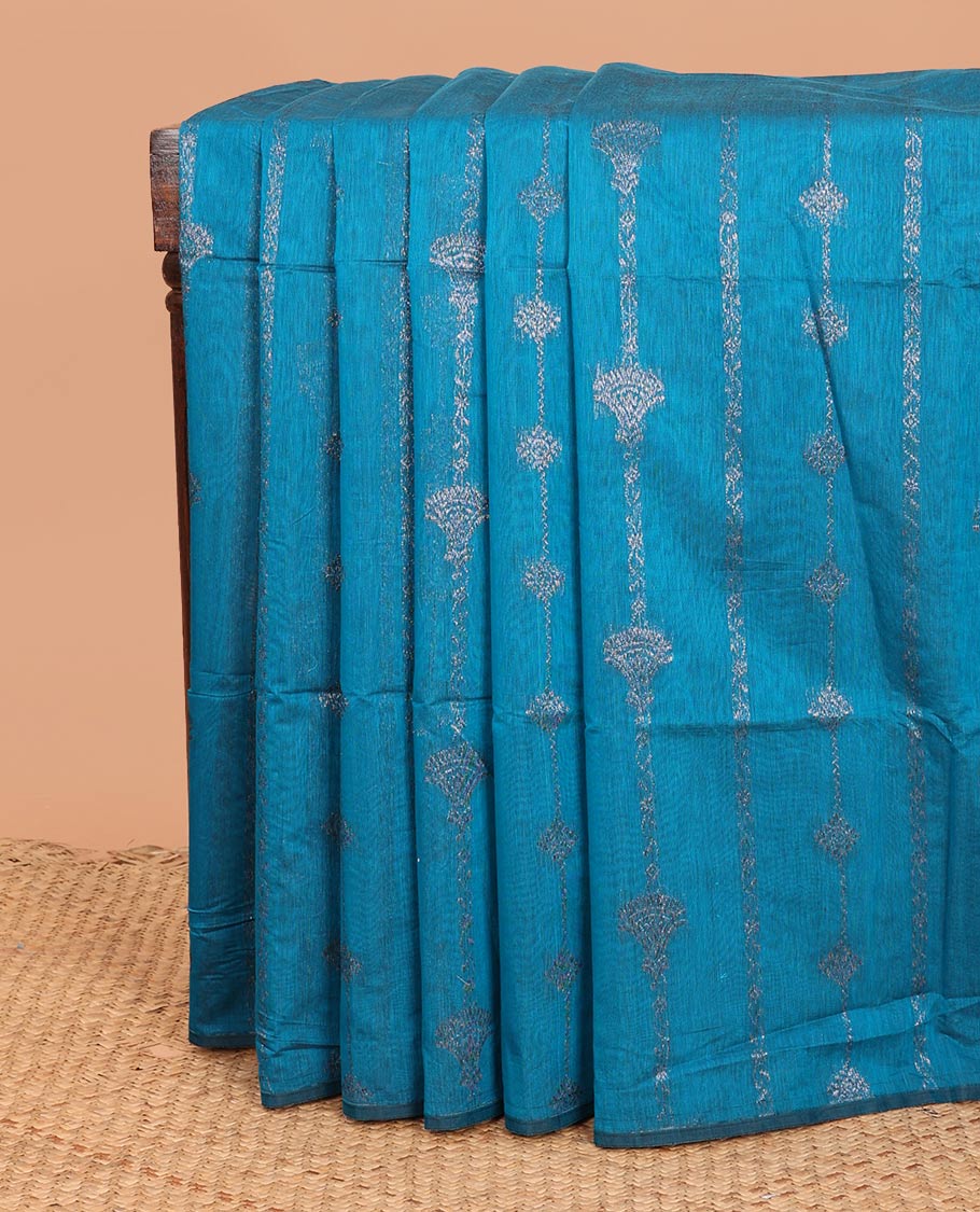 Borderless blue zari stripes semi-silk cotton saree, zari design pallu