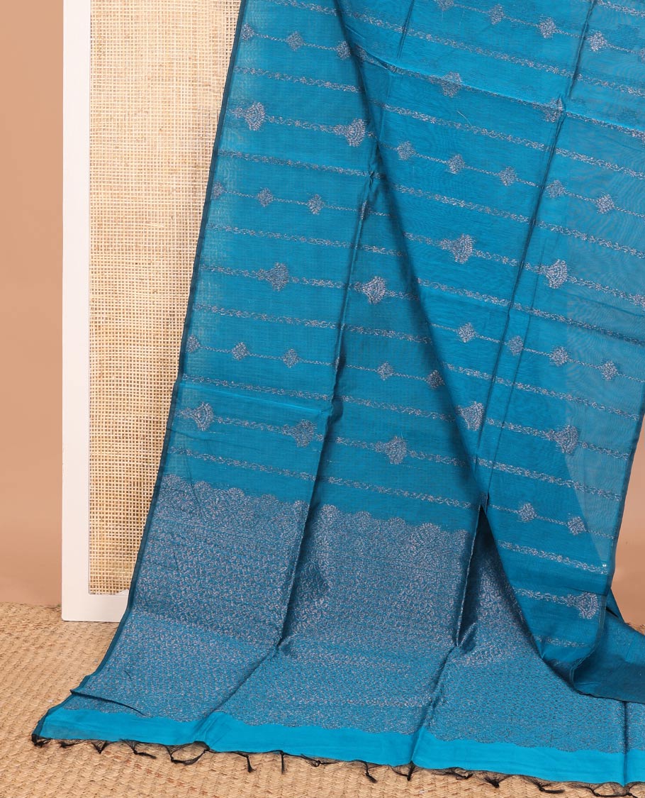 Borderless blue zari stripes semi-silk cotton saree, zari design pallu