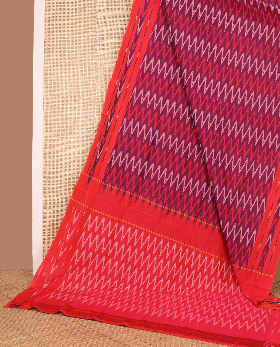 Burgundy chevron striped ikkat cotton saree, contrast ikkat buttas woven border, and chevron striped pallu