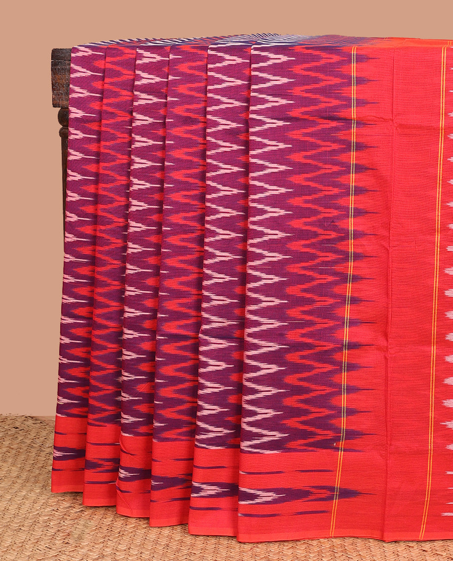 Burgundy chevron striped ikkat cotton saree, contrast ikkat buttas woven border, and chevron striped pallu