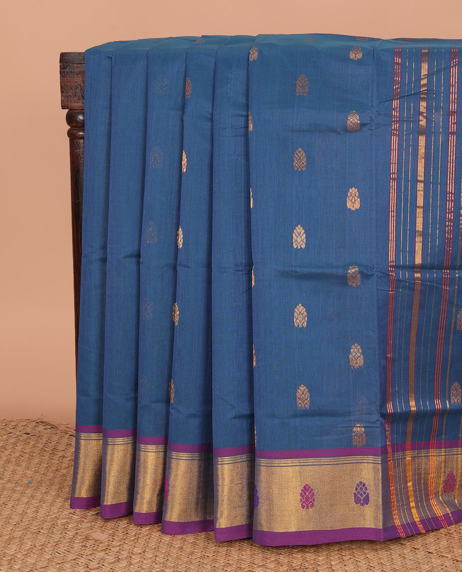Blue buttas Venkatagiri cotton saree, contrast zari and thread border, and zari striped pallu