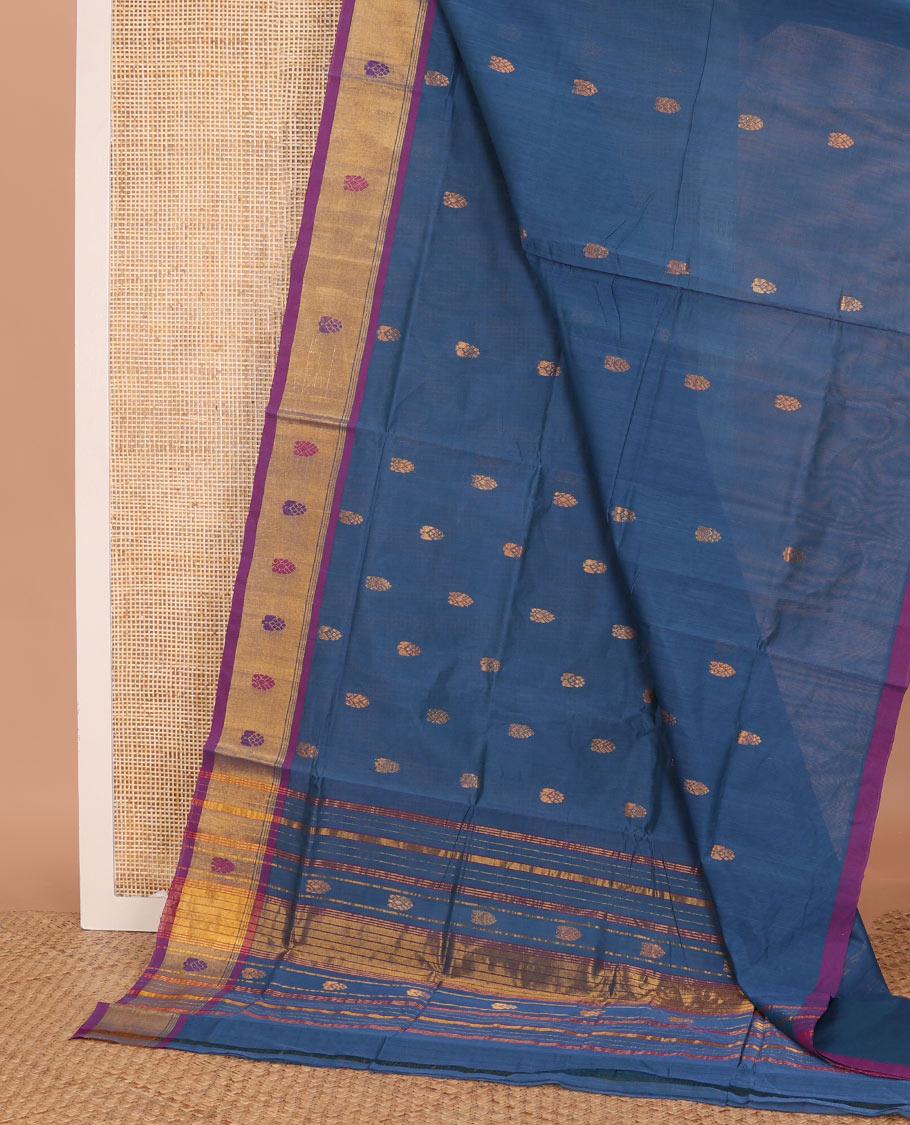 Blue buttas Venkatagiri cotton saree, contrast zari and thread border, and zari striped pallu