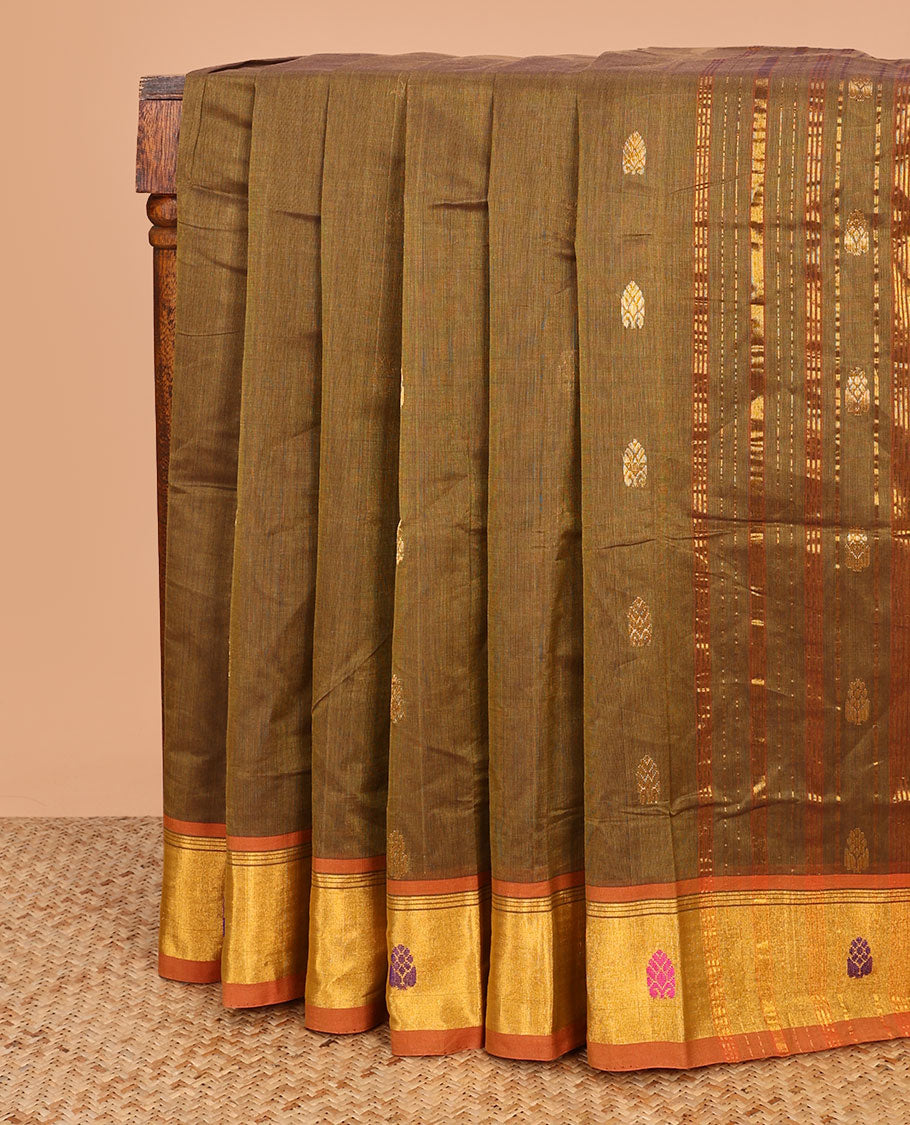 Brown zari buttas Venkatagiri cotton saree, contrast thread and zari border, and palu of zari designs