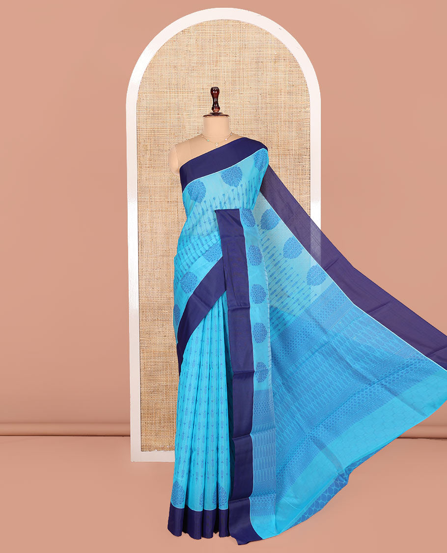 Blue Semi-Silk Cotton Saree, Subtly Sparkled with Stripes All Over Its Body, Complemented by Contrast Border, Pallu Steeped with Pine Tree Motifs, and Paired with a Matching Blouse